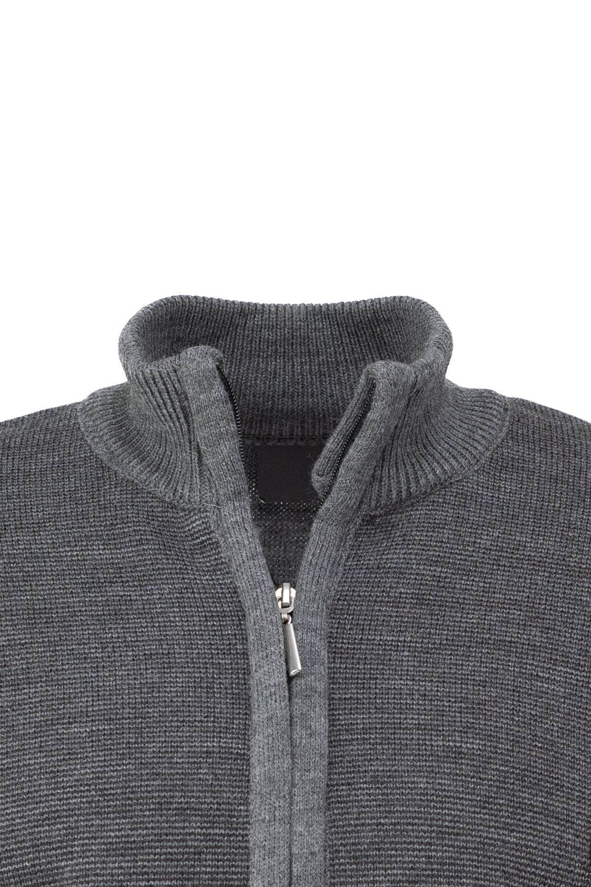 Erkek Kışlık Desenli Fermuarlı Cepli Tam Kalıp Likralı Hakim Yaka Pamuklu Dokuma Triko Hırka